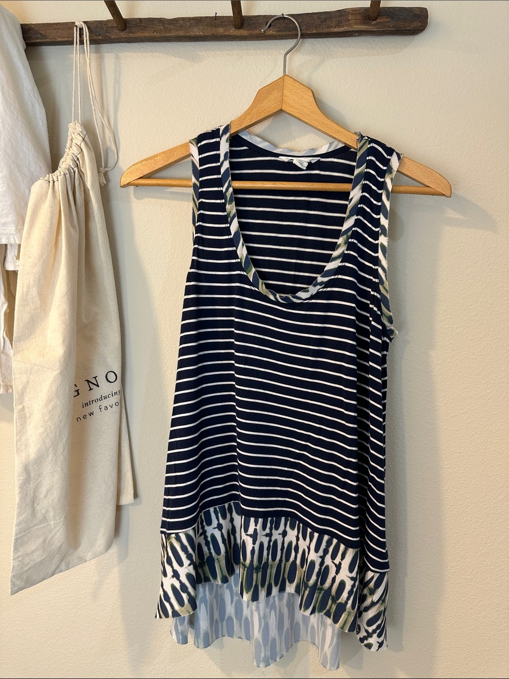 Caslon Navy & White Striped Tank with Patterned Frayed Hem and Trim